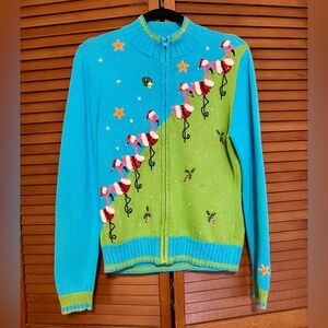 Berek Flamingo Christmas Sweater Full Zip Cardigan Large Beaded Knit Holidays